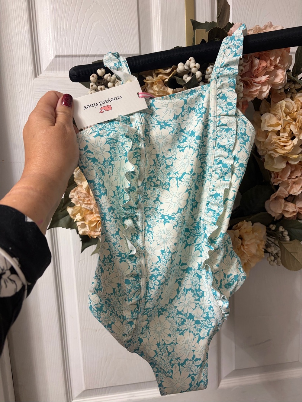 Vineyard Vines Aqua and White Floral Ruffle One-Piece Swimsuit